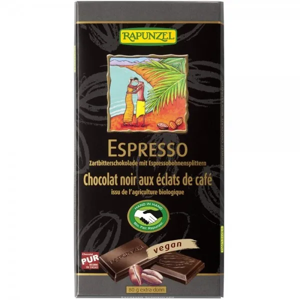 Ciocolata bio amaruie 55% cacao cu espresso, 80g, Rapunzel