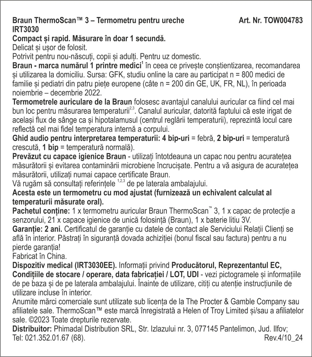 Termometru auricular Thermoscan 3, 1 bucata, Braun