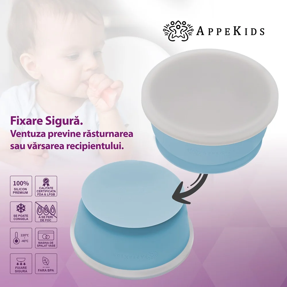 Bol din silicon cu ventuza si capac Aqua Blue 6 luni+, 1 bucata, Appekids