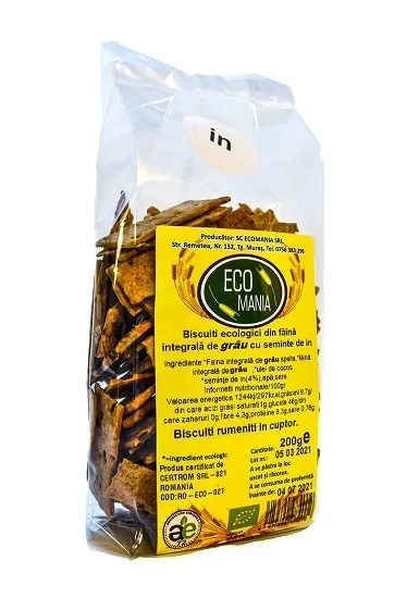 Biscuiti integrali cu seminte de in Bio, 200g, Ecomania