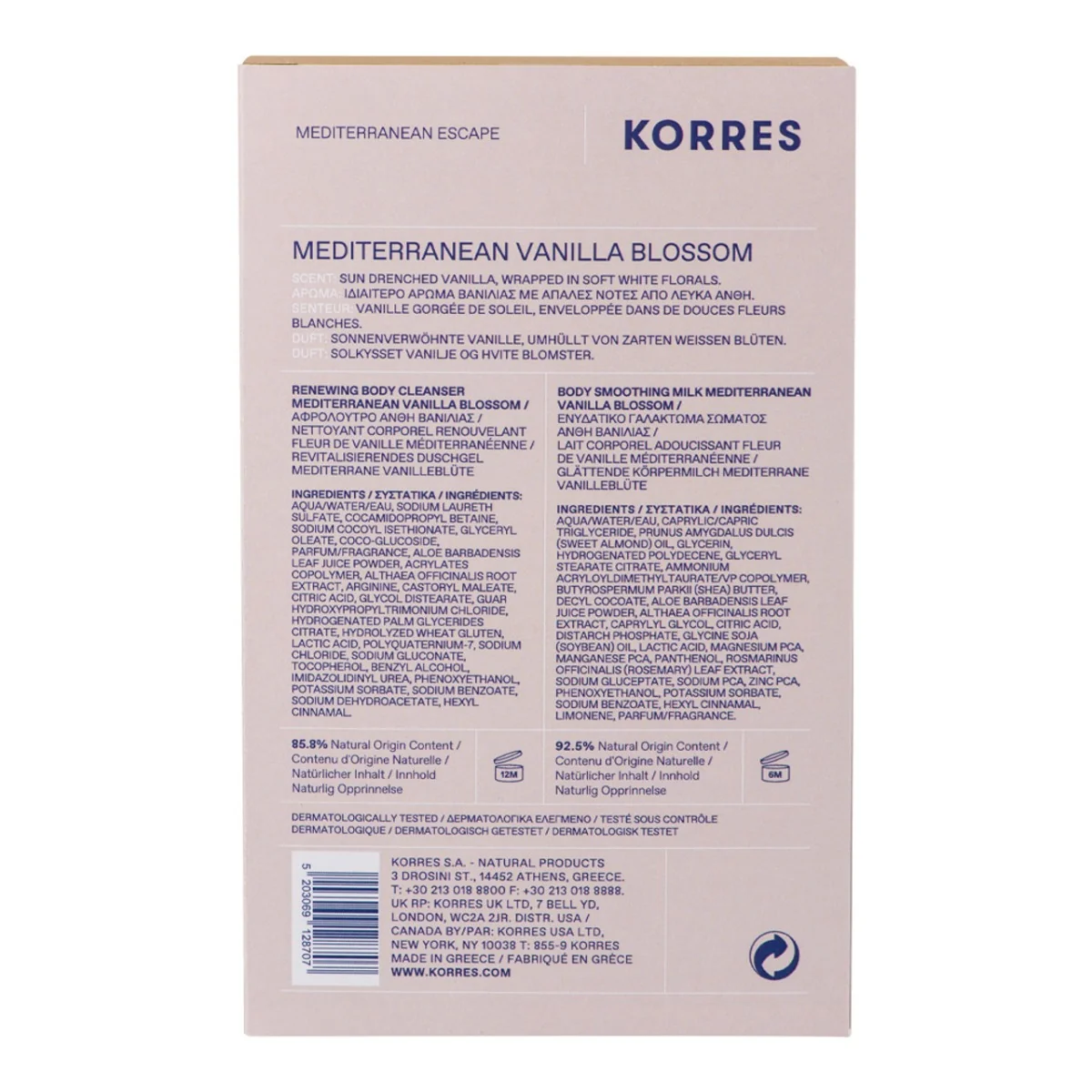 Pachet Mediterranean Vanilla Blossom Gel de dus 250ml + Lapte de corp 200ml, Korres