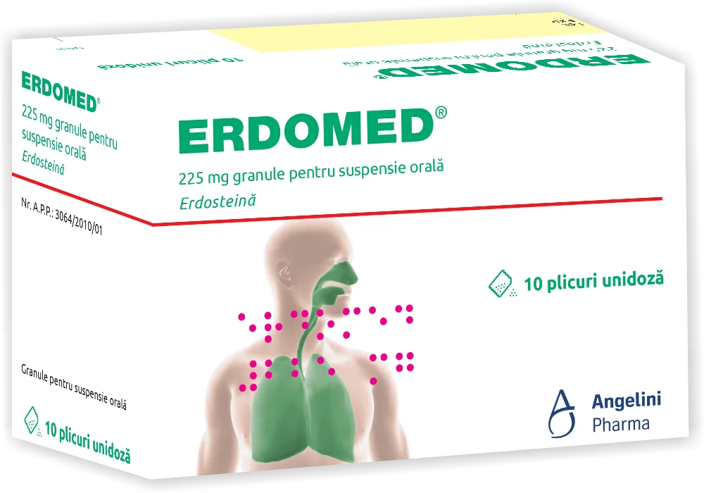 Erdomed 225mg, 10 plicuri cu granule pentru suspensie orala, Angelini