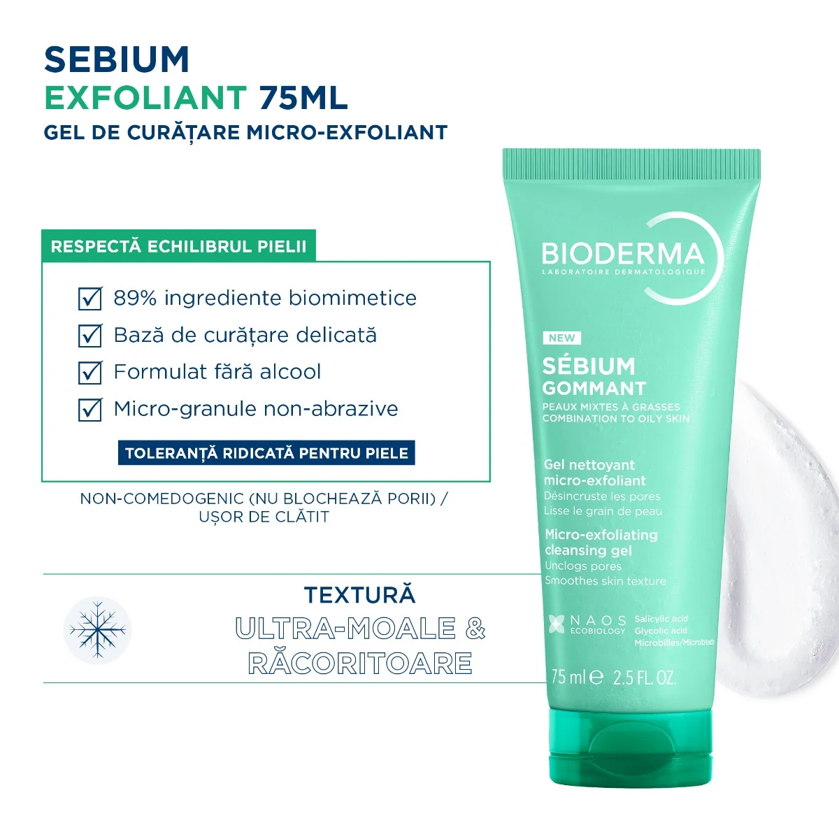 Gel exfoliant pentru curatarea tenului predispus la imperfectiuni Sebium, 75ml, Bioderma