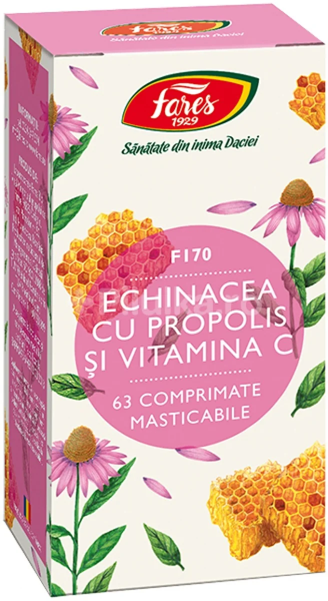 Echinacea cu propolis si Vitamina C, 63 comprimate masticabile, Fares
