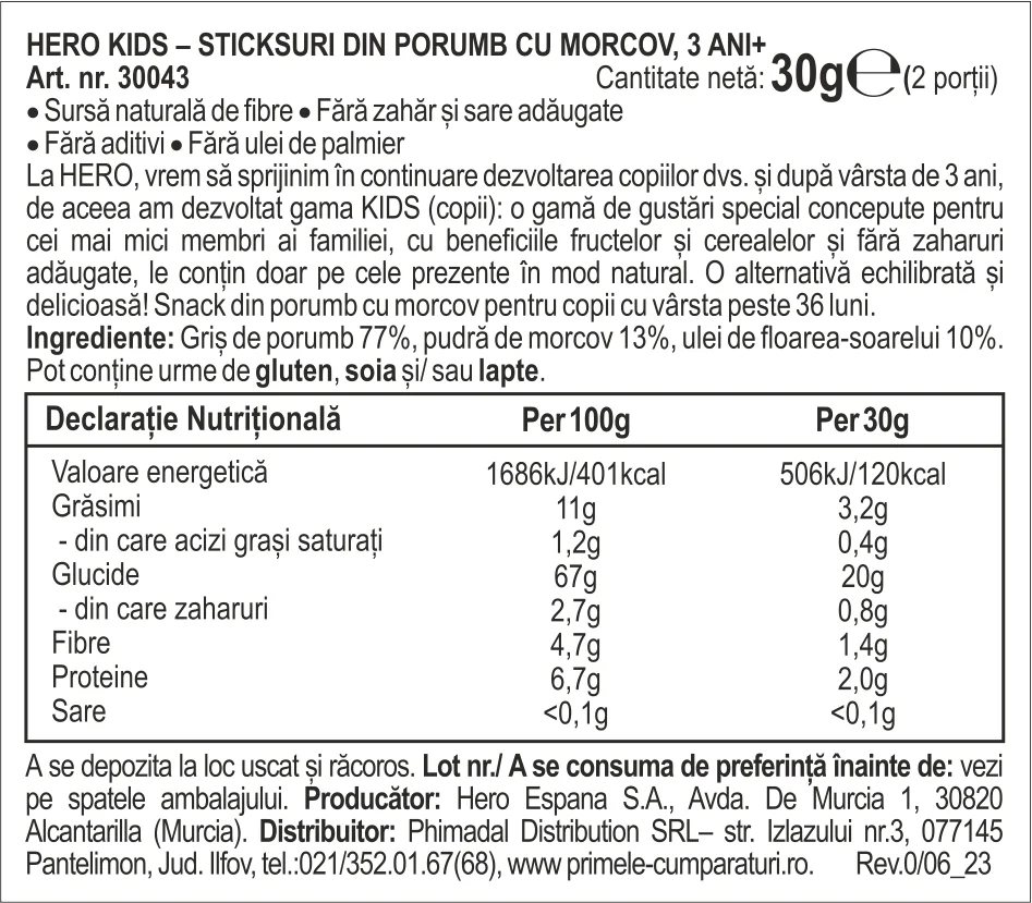 Sticksuri eco din porumb cu morcovi pentru +3 ani, 30g, Hero Kids