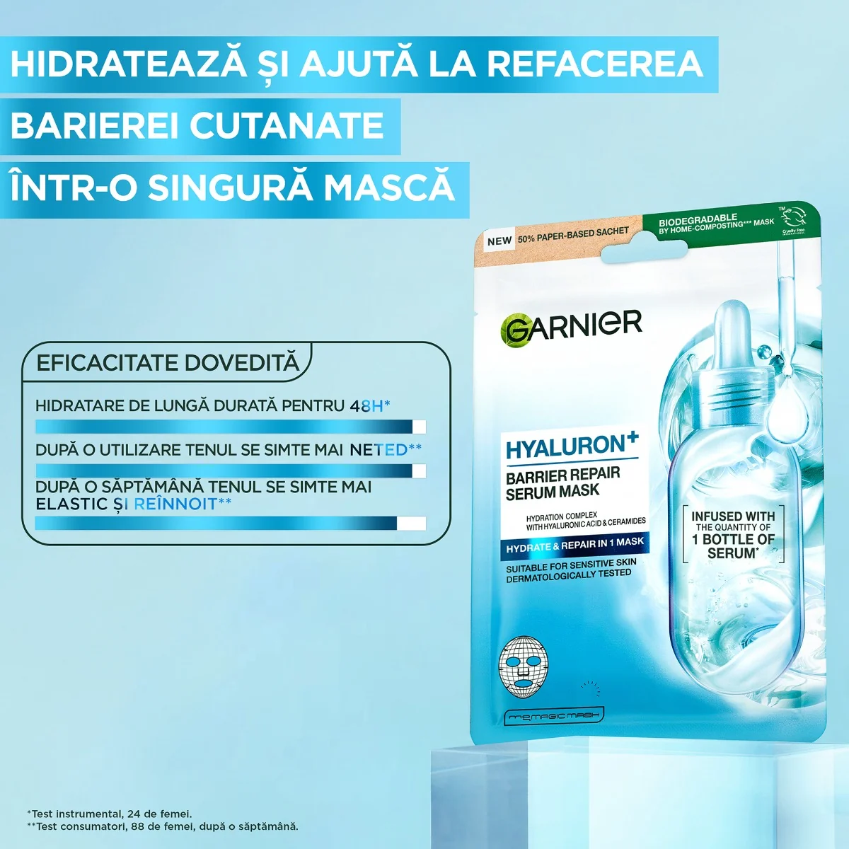 Masca servetel cu efect de hidratare Hyaluron Barrier Repair, 28g, Garnier