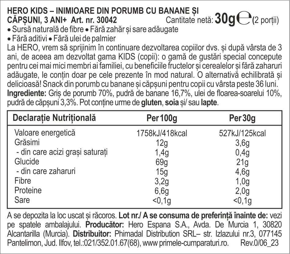 Inimioare eco din porumb cu banane si capsuni pentru +3 ani, 30g, Hero Kids