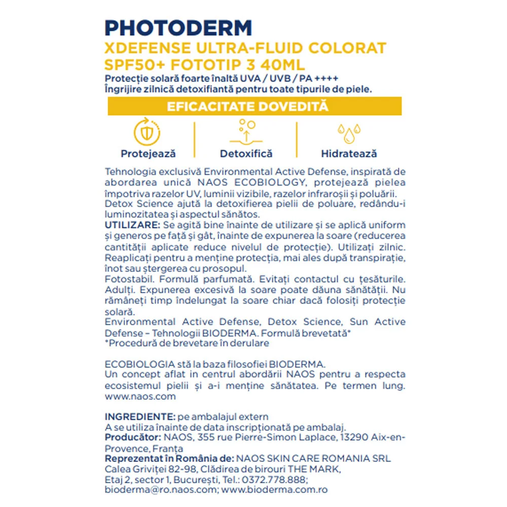 Crema colorata SPF50+ XDefense Ultra-Fluid Fototip 3 pentru protectie UV completa, 40ml, Bioderma