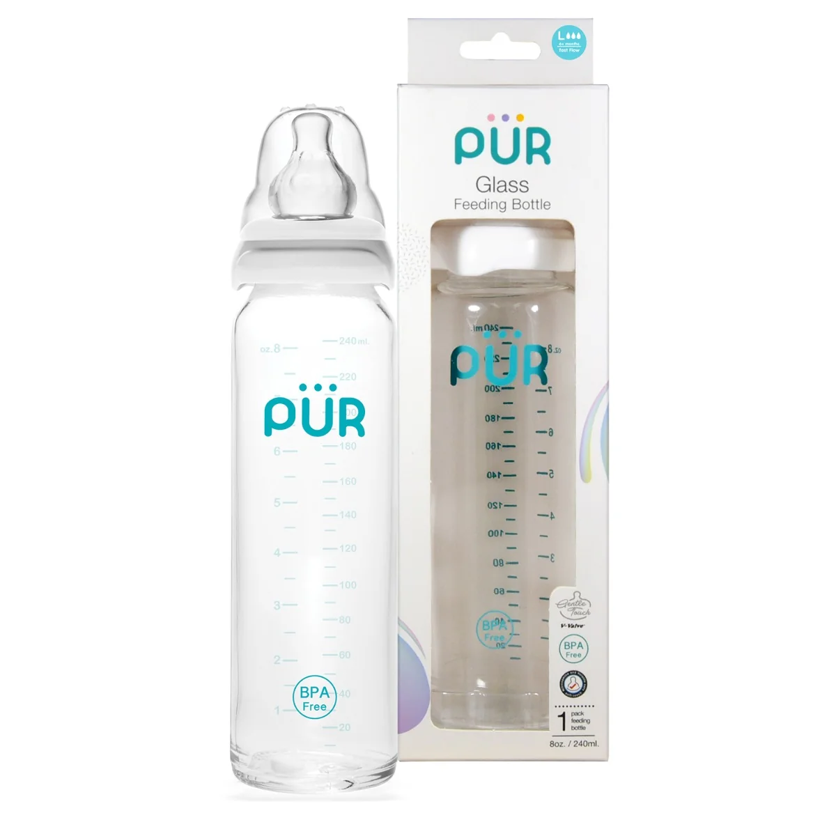 Biberon din sticla, 240ml, PUR