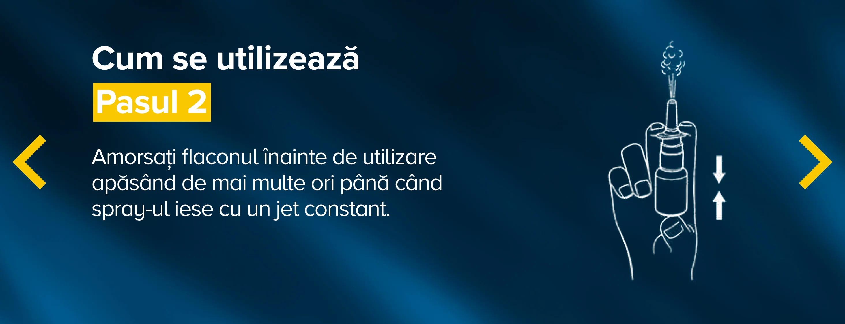 Amorsati flaconul inainte de utilizare apasand de mai multe ori pana cand spray-ul iese cu jet constant Amorsati flaconul inainte de utilizare apasand de mai multe ori pana cand spray-ul iese cu jet constant