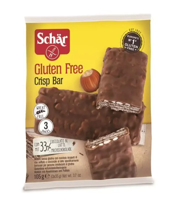 Napolitane crocante cu ciocolata cu lapte si alune Crisp Bar, 105g, Schar