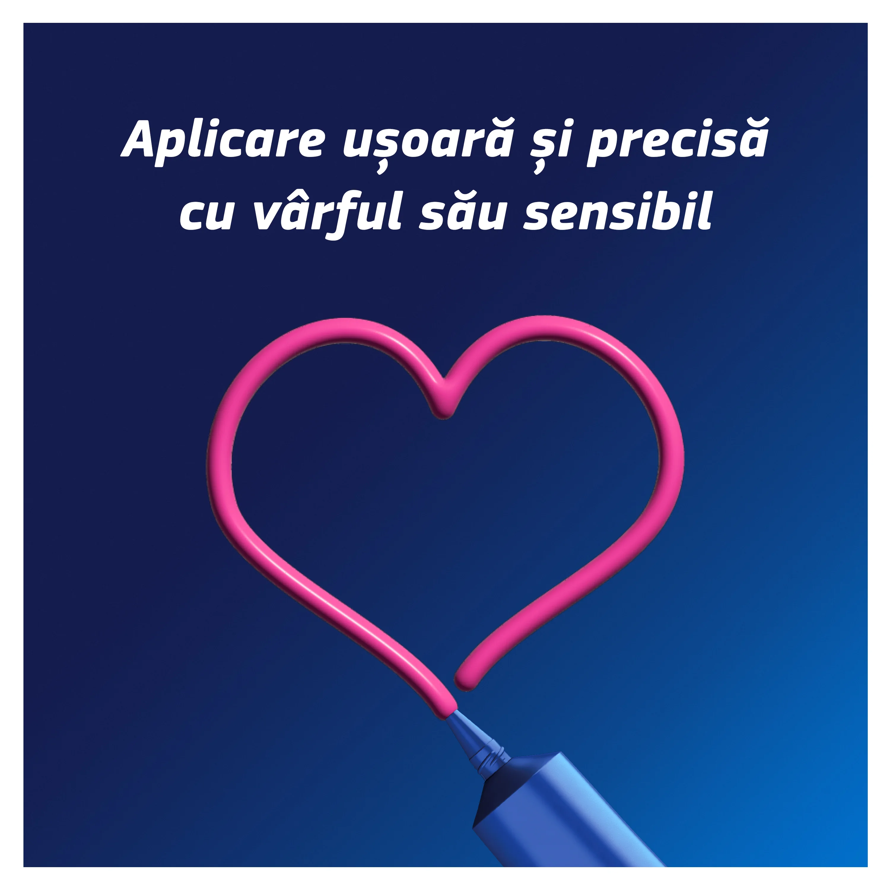 Fixodent, tub albastru creand o inima roz, ilustrand aplicarea precisa a adezivului dentar. Fixodent, tub albastru creand o inima roz, ilustrand aplicarea precisa a adezivului dentar.