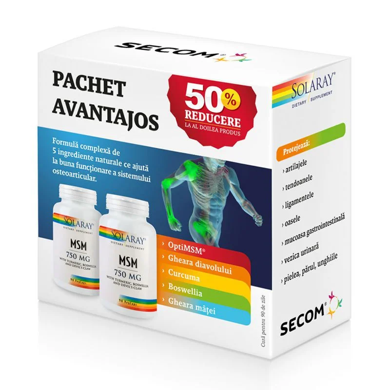 Pachet MSM 750mg 1 + 50% reducere la al doilea produs, 2 x 90 capsule, Secom