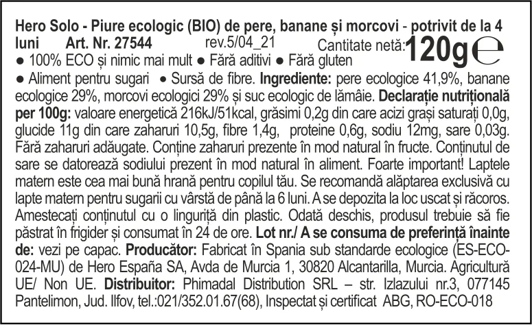 Piure eco de pere, banane si morcovi Solo pentru +4 luni, 120g, Hero Baby