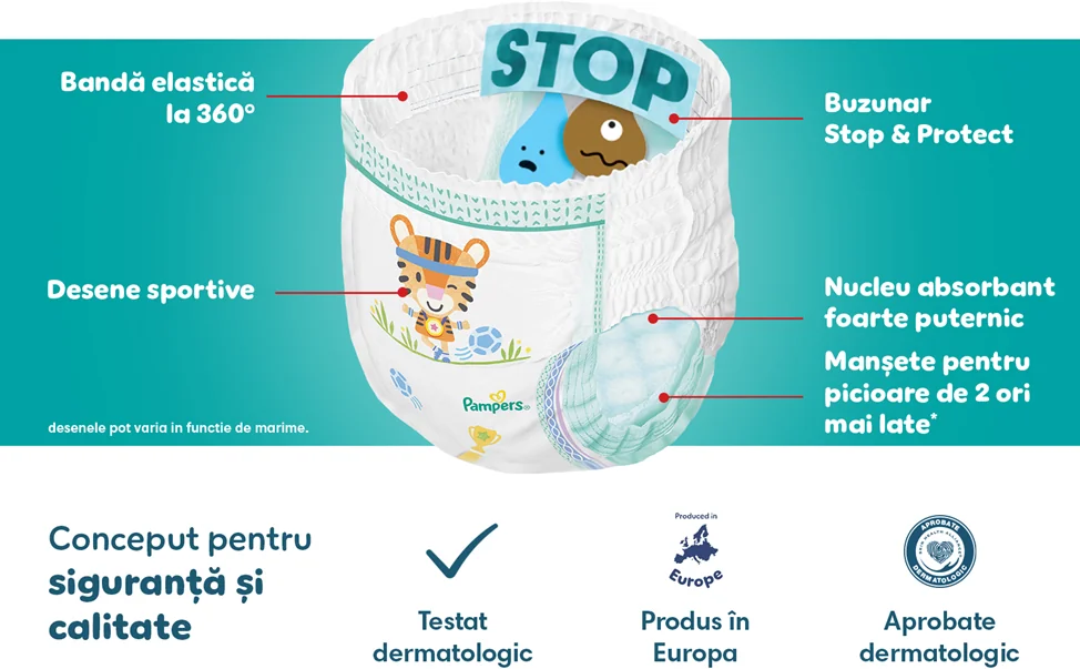 Scutec Pampers cu buzunar Stop & Protect, nucleu absorbant puternic, bariere duble si indicator de umezeala, conceput pentru siguranta si calitate. Scutec Pampers cu buzunar Stop & Protect, nucleu absorbant puternic, bariere duble si indicator de umezeala, conceput pentru siguranta si calitate.