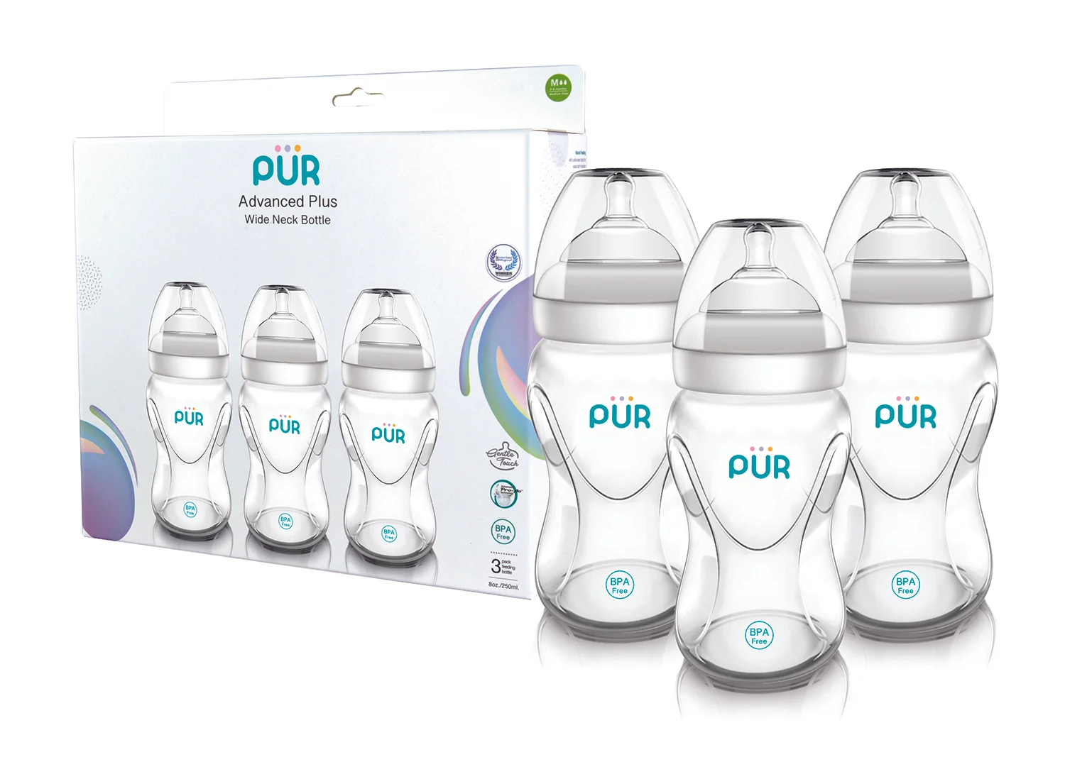 Set Biberoane cu gura larga Advanced Plus, 3x250ml, PUR