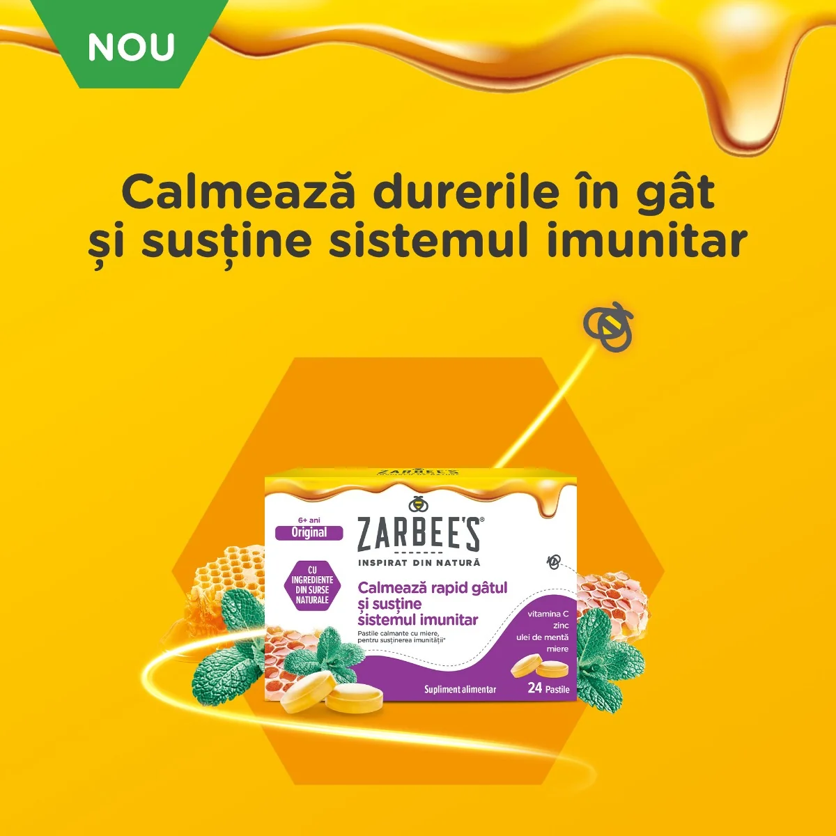 Pastile calmante cu miere pentru sustinerea imunitatii, 24 pastile, Zarbee's