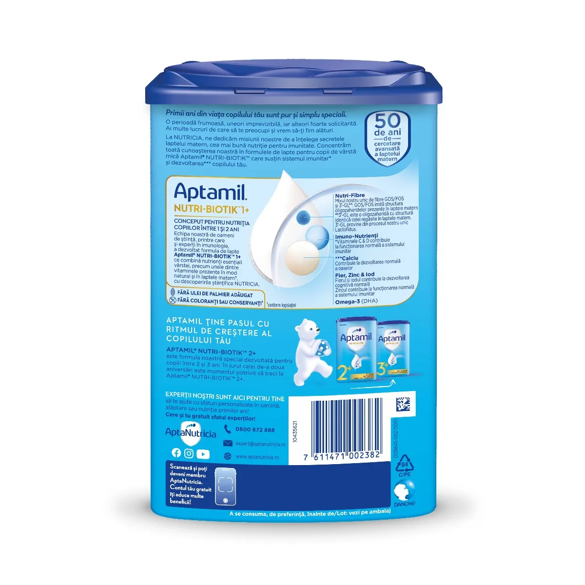 Lapte premium pentru copii de varsta mica 1-2 ani NUTRI-BIOTIK 1+, 800g, Aptamil 