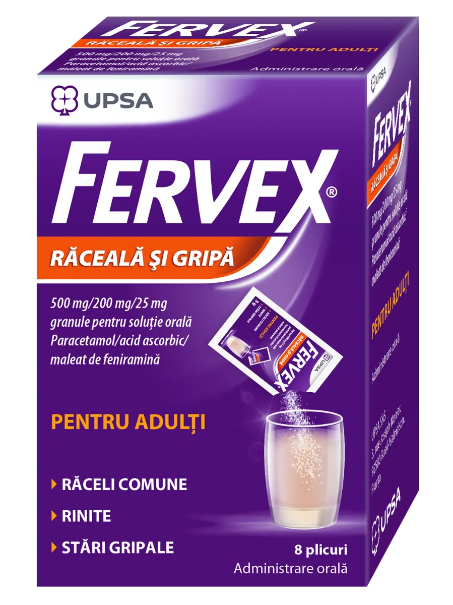 Fervex raceala si gripa pentru adulti, 500mg/200mg/25mg, 8 plicuri, Upsa
