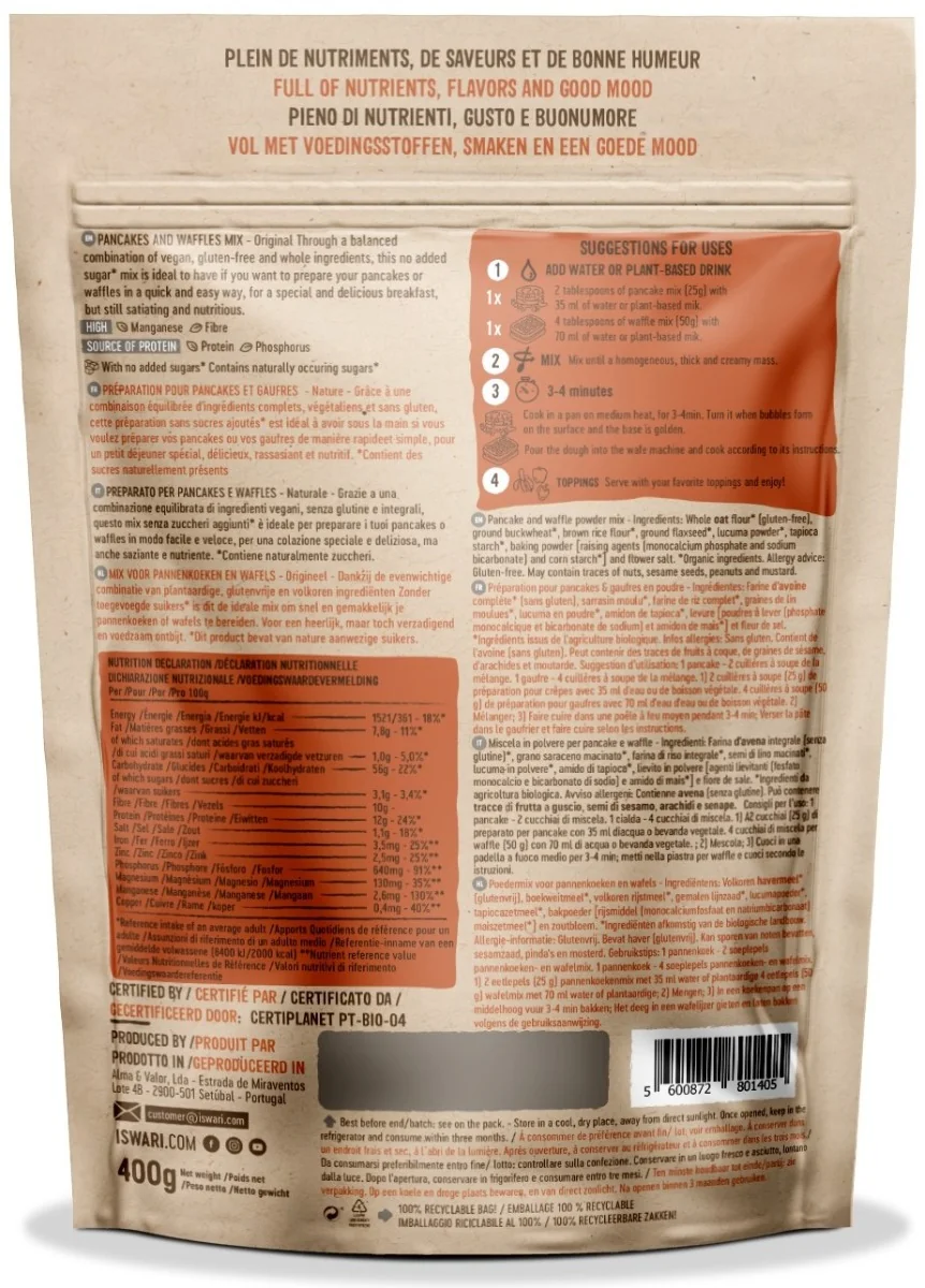Mix pentru clatite si vafe bio Original, 400g, Iswari