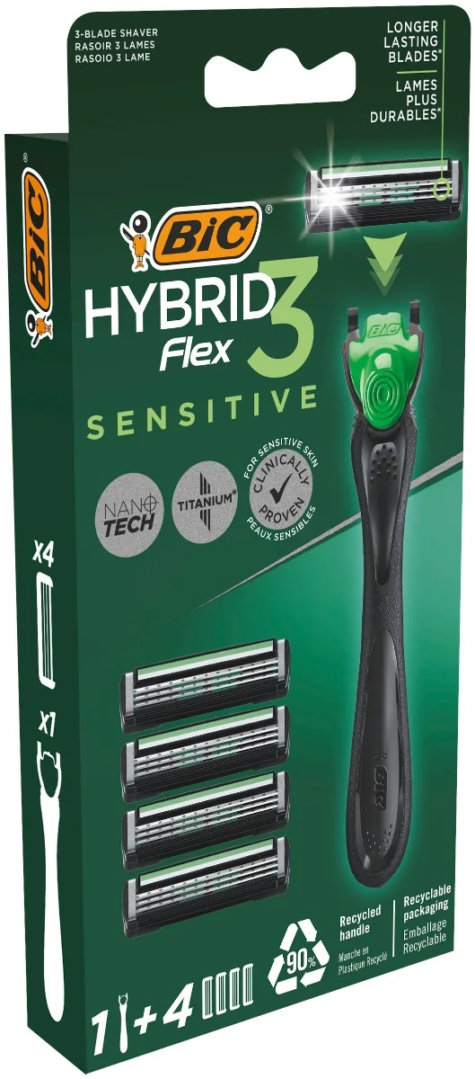 Pachet Aparat de ras Hybrid Flex 3 Sensitive 1 bucata + Rezerve 3 bucati, BIC