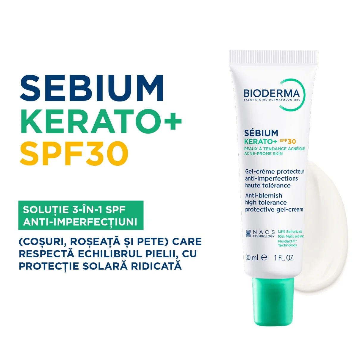 Gel-crema anti-imperfectiuni cu actiune keratolitica si protectie solara pentru ten predispus la acnee Sebium Kerato+ SPF 30, 30ml, Bioderma