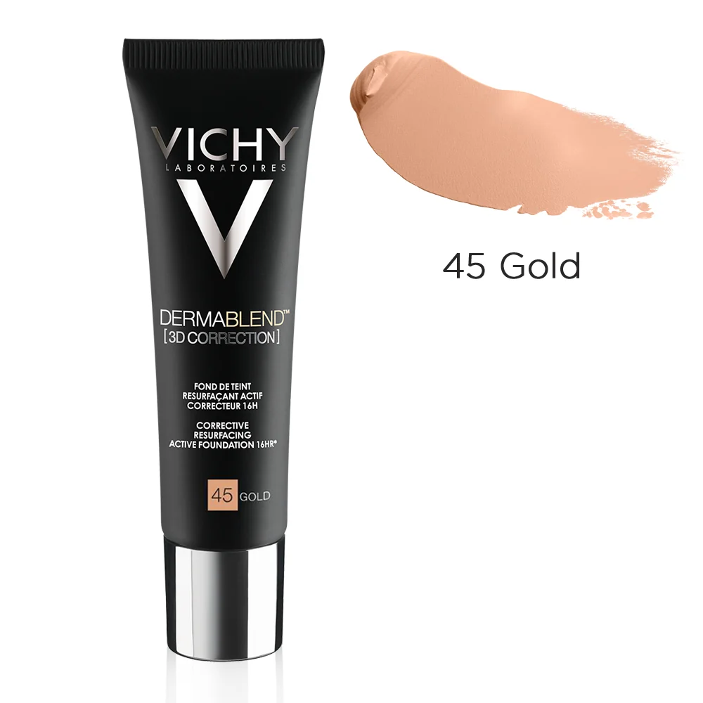 Fond de ten corector ten gras cu tendinta acneica Dermablend 3D 45 Gold, 30ml, Vichy