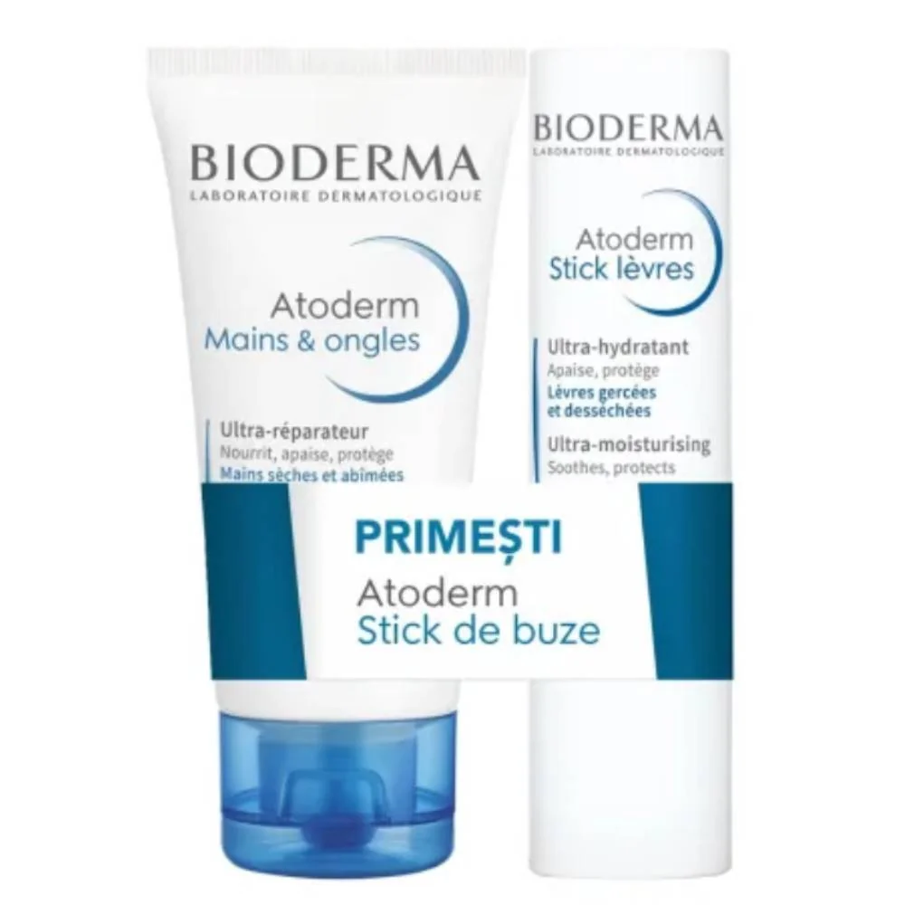 Pachet Crema de maini 50ml + Stick de buze 4g Atoderm 1 bucata, Bioderma