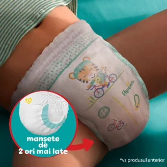 Scutec Pampers cu mansete de 2 ori mai late pentru protectie imbunatatita impotriva scurgerilor. Scutec Pampers cu mansete de 2 ori mai late pentru protectie imbunatatita impotriva scurgerilor.