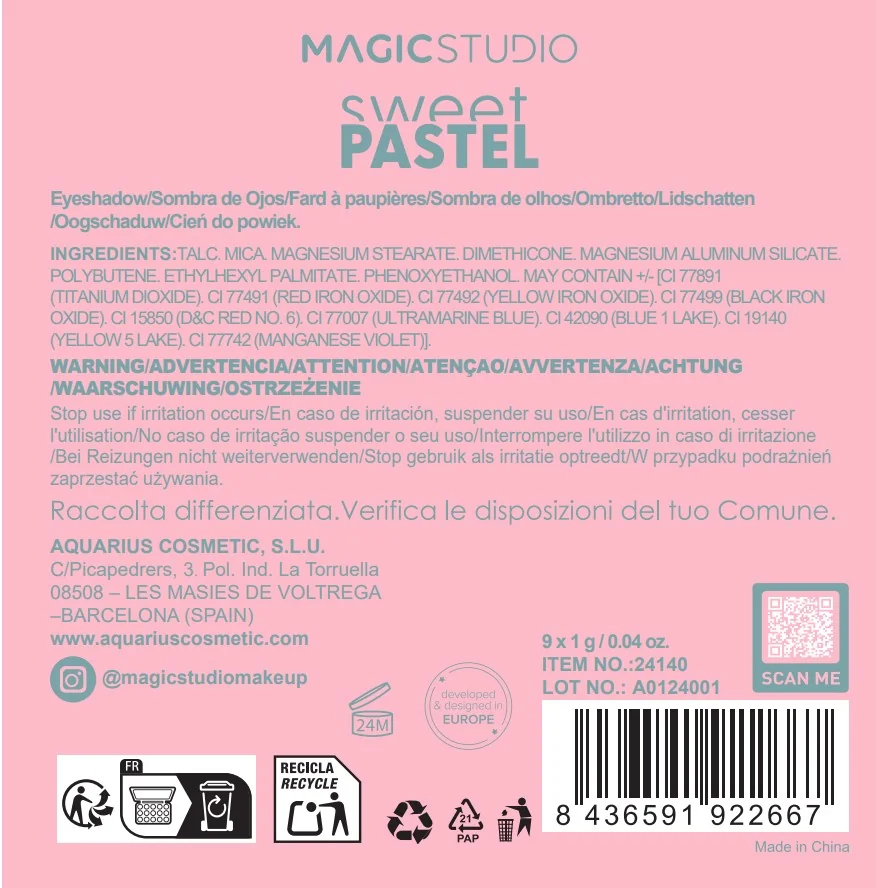 Paleta de farduri pentru pleoape cu 9 culori Sweet Pastel 24140, 9g, Magic Studio