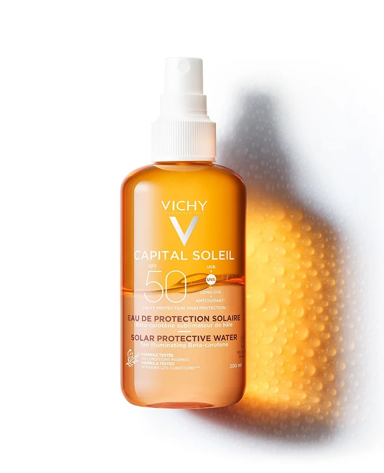Apa cu protectie solara SPF 50 pentru bronz de durata fata si corp Capital Soleil, 200ml, Vichy