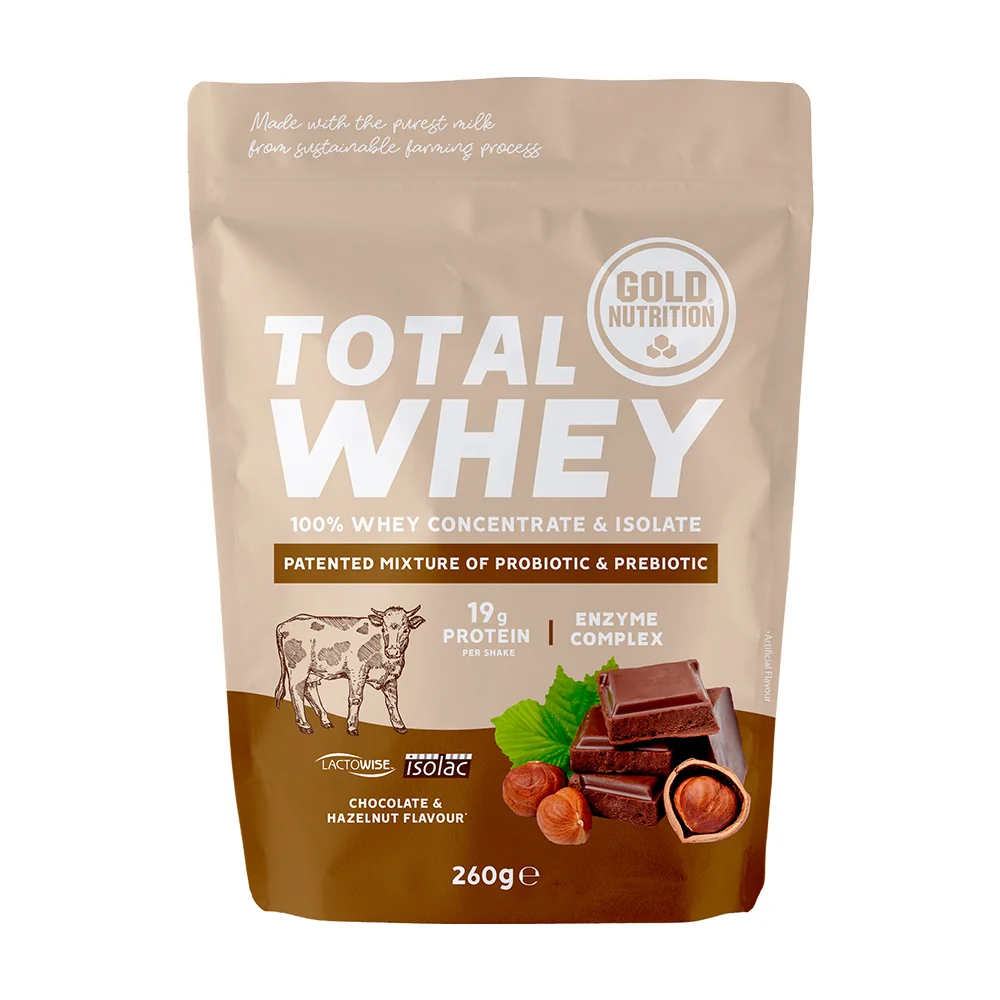 Pudra proteica Total Whey cu ciocolata si alune, 260g, Gold Nutrition