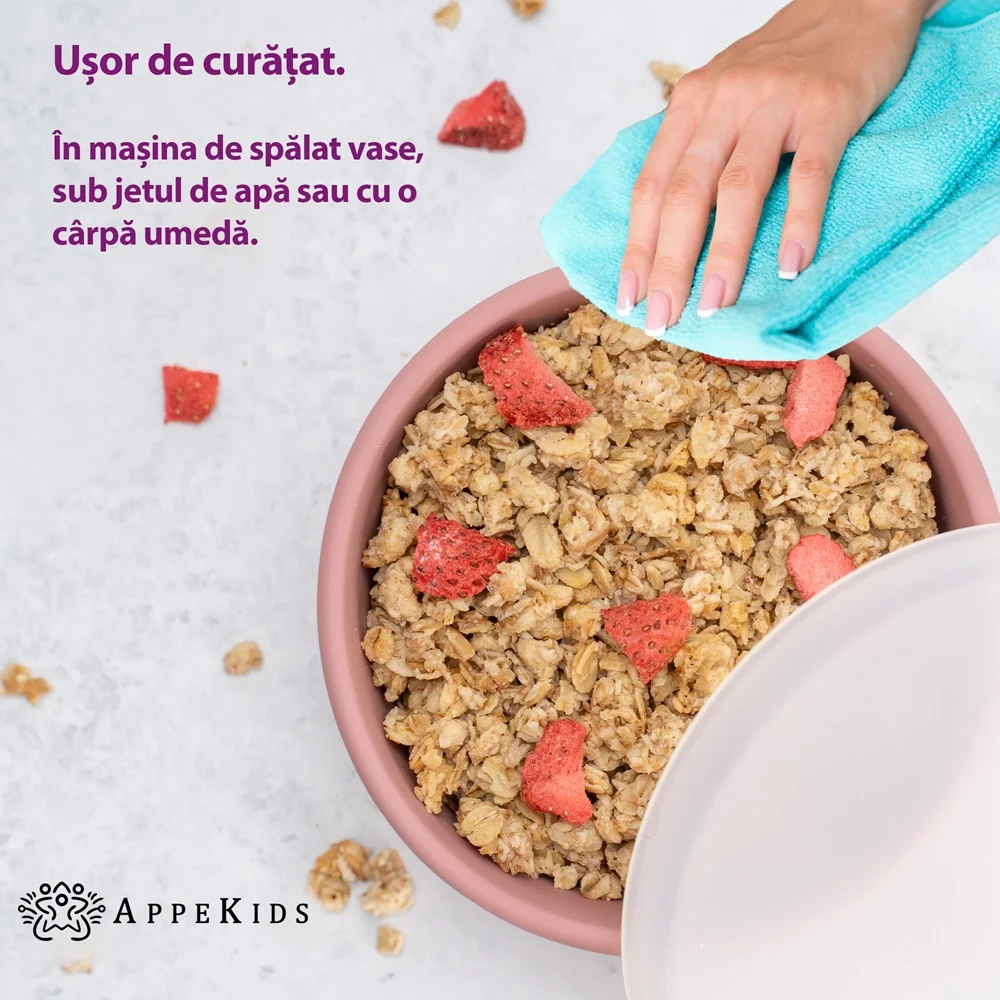 Bol din silicon cu ventuza si capac 6 luni+ Old Rose, 1 bucata, Appekids