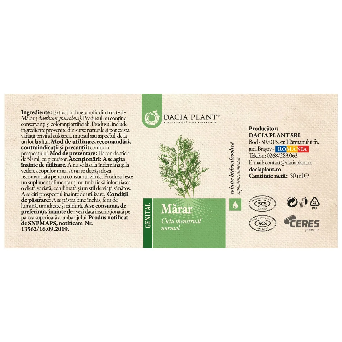 Tinctura de marar, 50ml, Dacia Plant