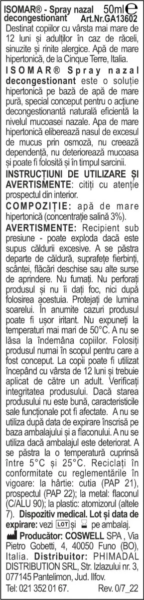 Spray nazal decongestionant cu apa de mare hipertonica Isomar 12+, 50ml, Euritalia