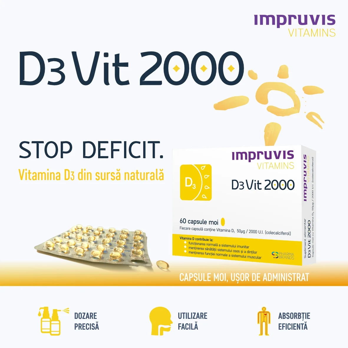 D3vit 2000 cu vitamina D3 2000 U.I., 60 capsule moi, Pharma Brands