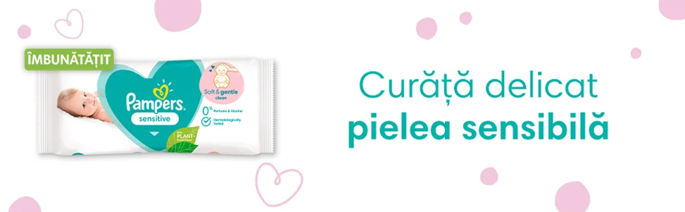Servetele umede Pampers Sensitive cu formula imbunatatita, pentru curatarea delicata a pielii sensibile. Servetele umede Pampers Sensitive cu formula imbunatatita, pentru curatarea delicata a pielii sensibile.