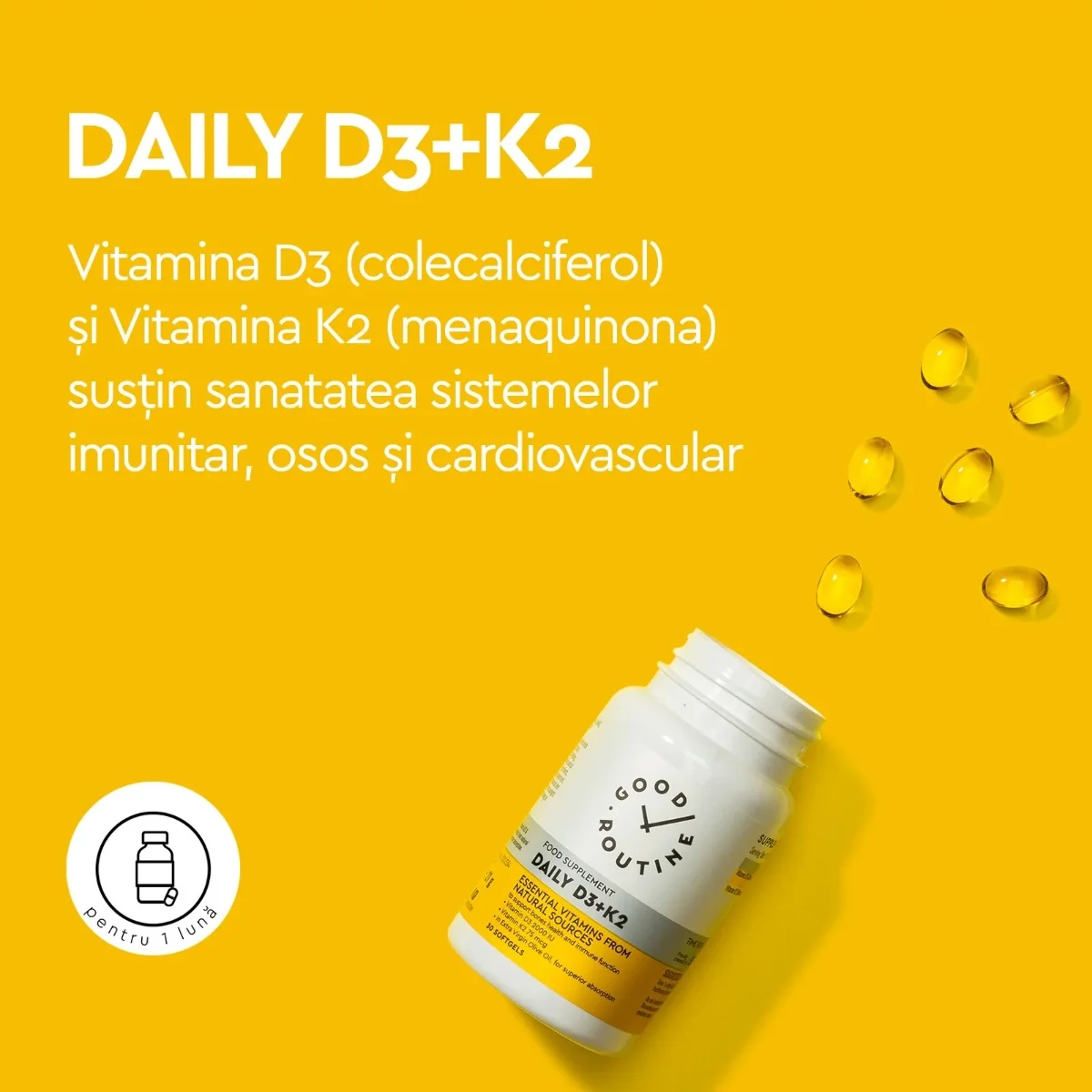 Daily Vitamina D3 2000UI + K2 75mcg Good Routine, 30 capsule moi, Secom