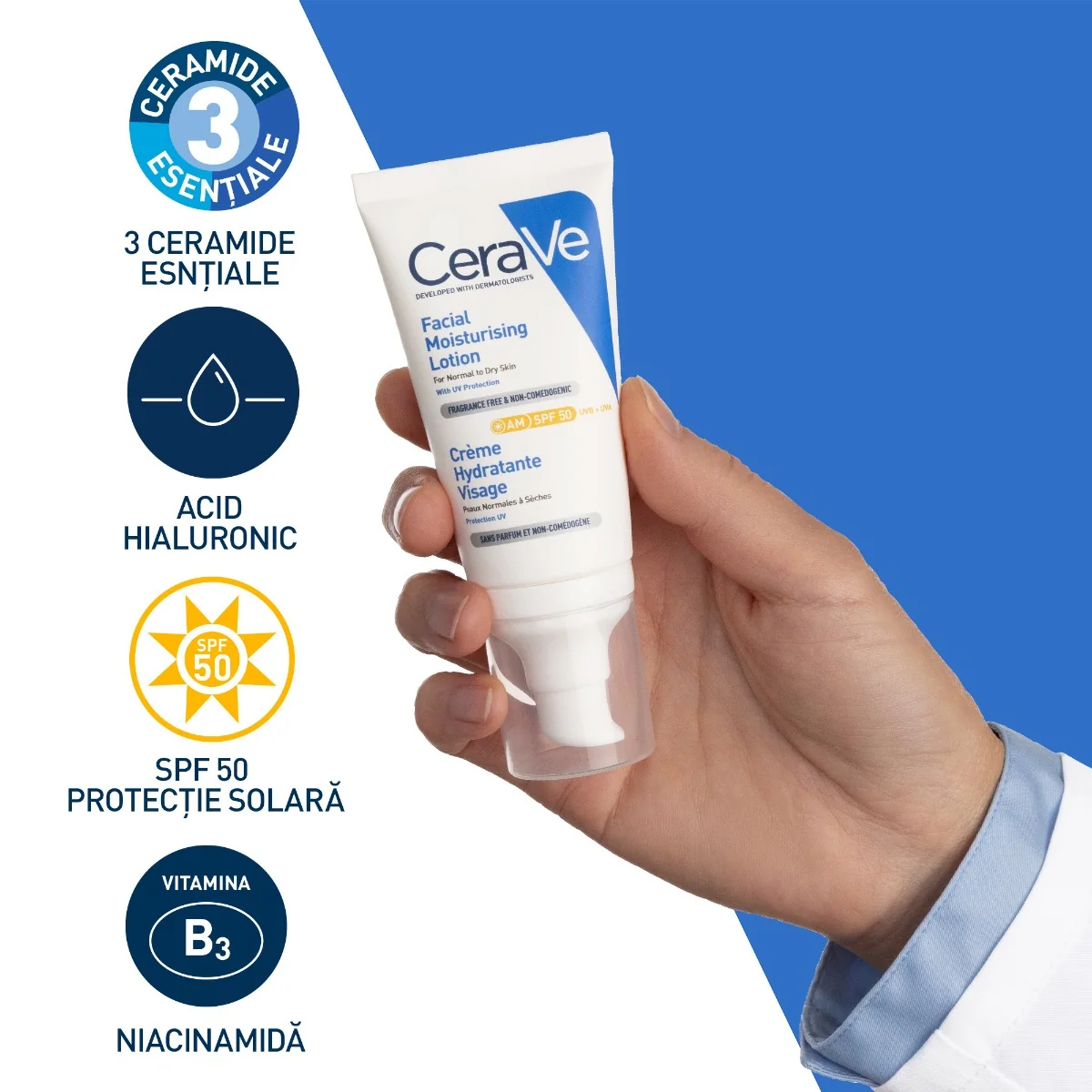 Crema hidratanta pentru ten normal-uscat cu SPF50, 52ml, CeraVe