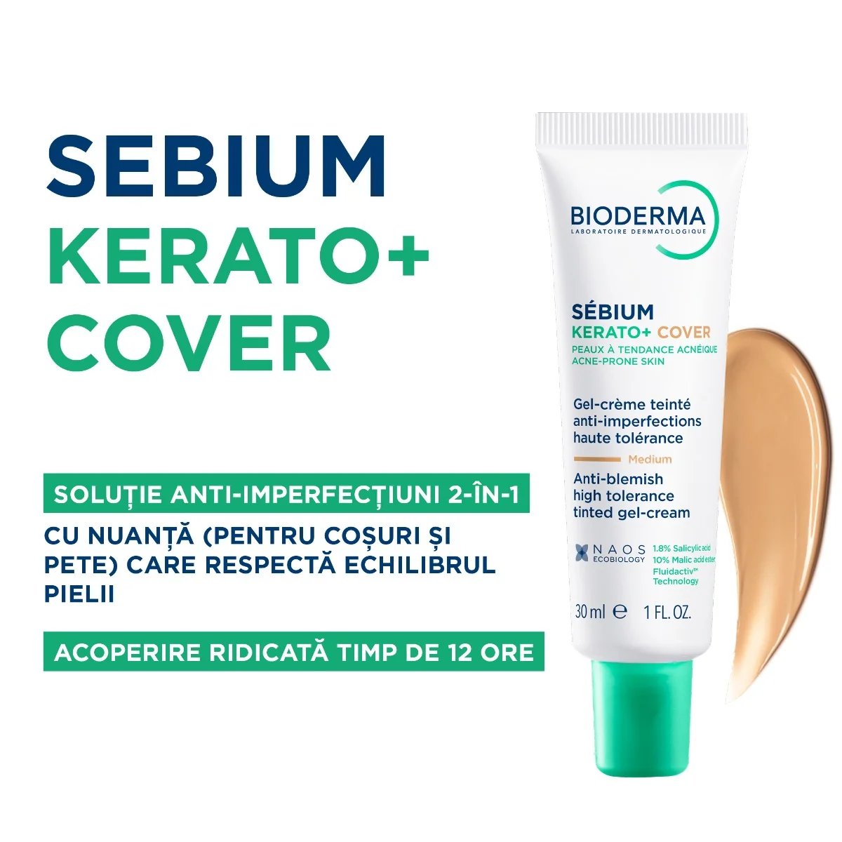 Gel crema nuantatoare anti-imperfectiuni Sebium Kerato+ Cover, 30 ml, Bioderma