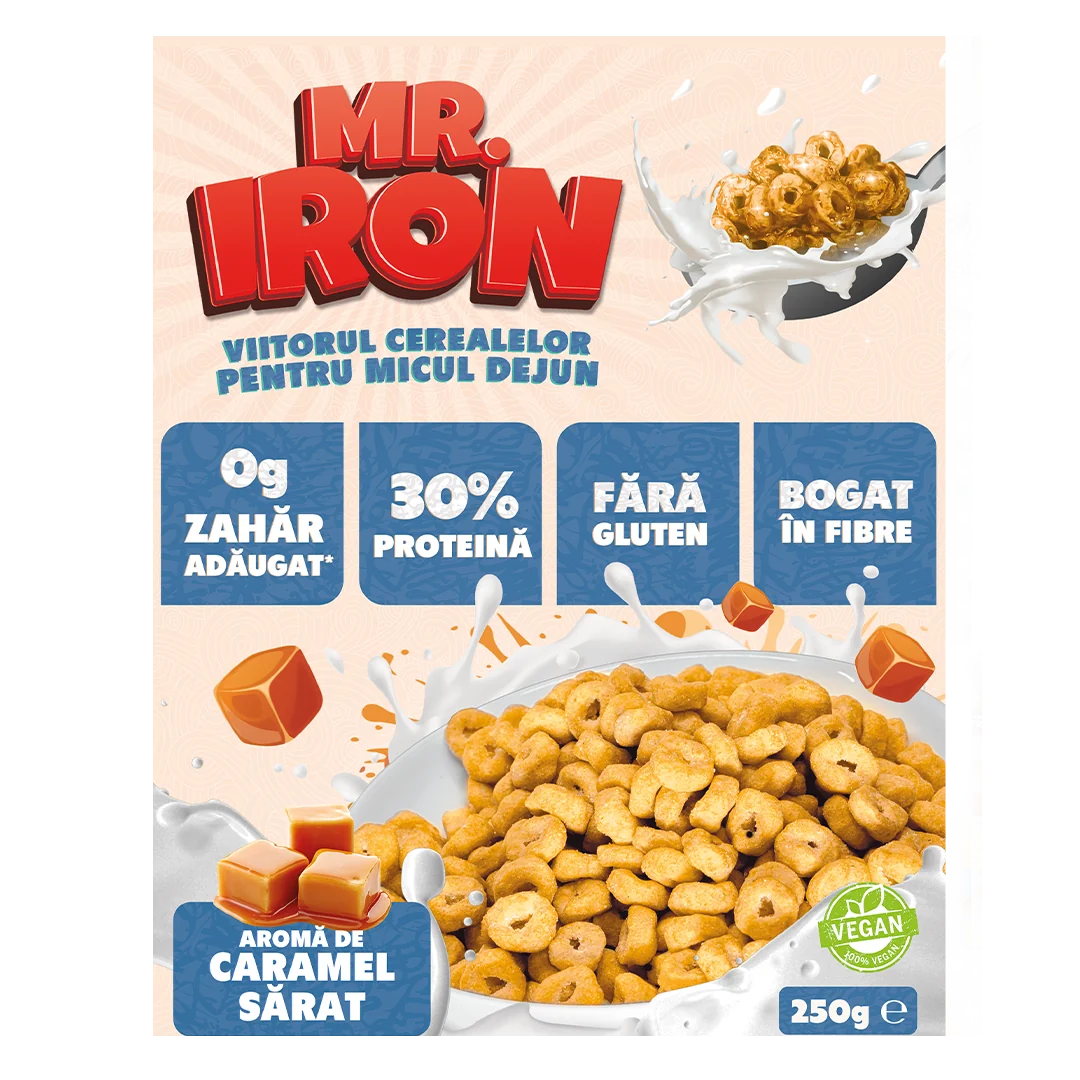 Cereale cu 30% proteina fara zahar low-carb gluten free si vegane Caramel Sarat, 250g, Mr. Iron