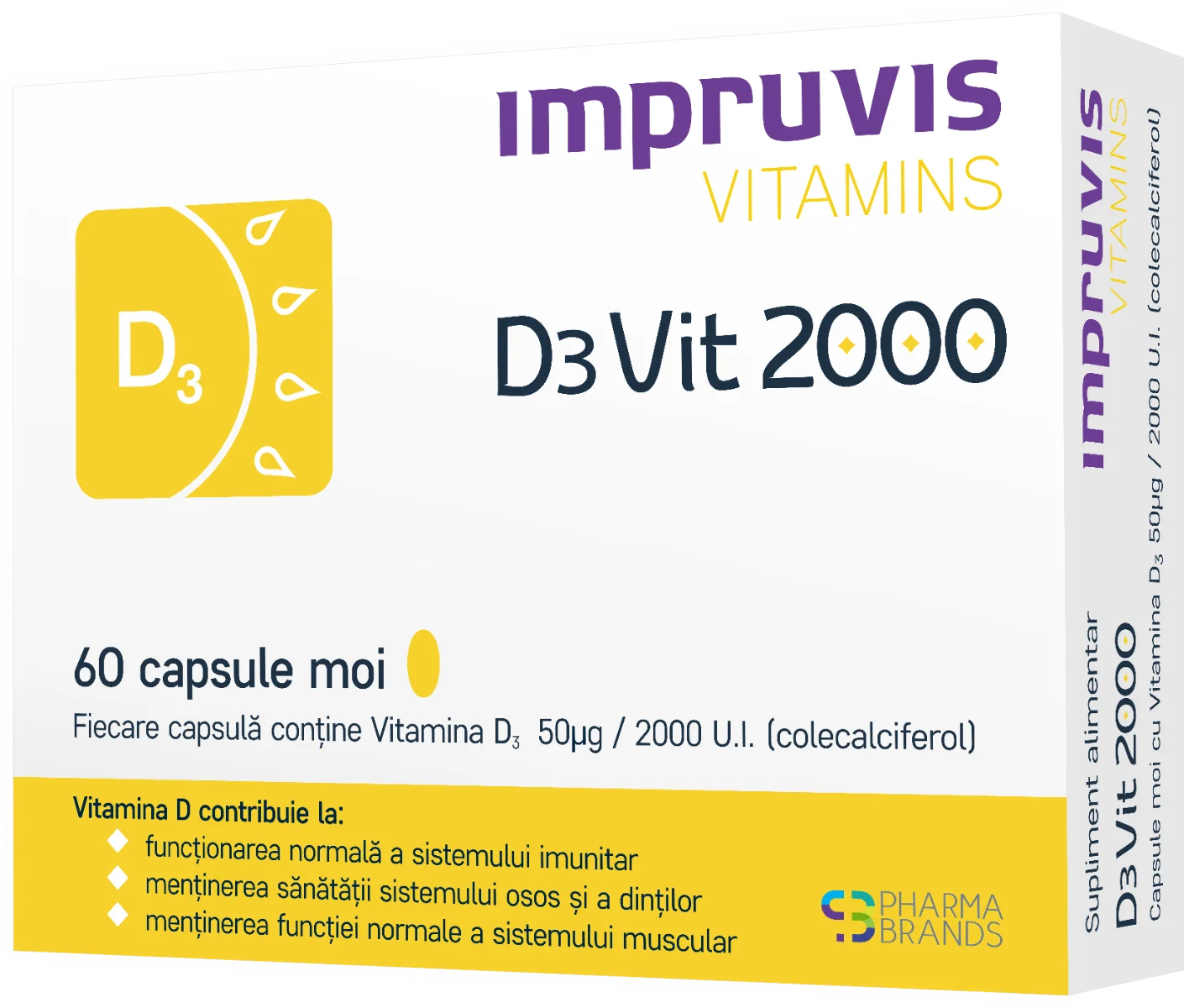 D3vit 2000 cu vitamina D3 2000 U.I., 60 capsule moi, Pharma Brands