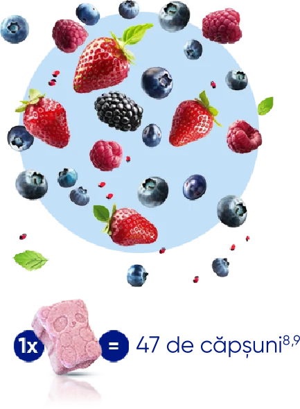Afine, capsuni si fructe de padure prezentate in numar de comprimate masticabile