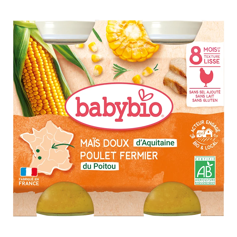 Piure de porumb dulce si pui Bio, 2 x 200g, BabyBio