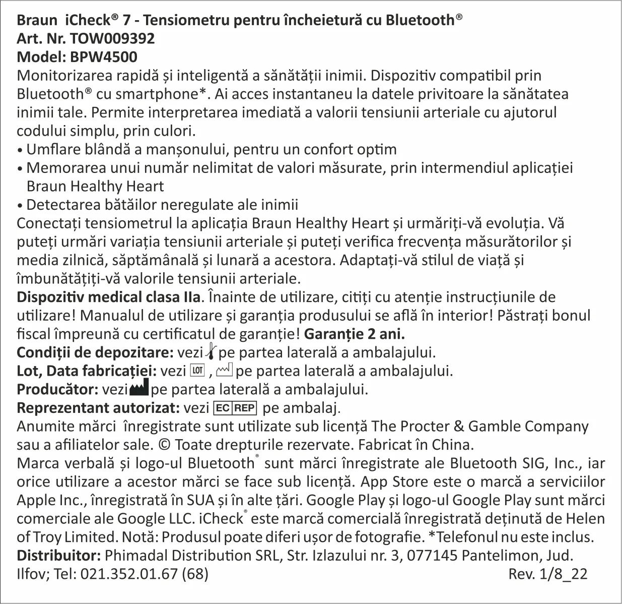 Tensiometru tip bratara cu Bluetooth iCheck7, 1 bucata, Braun