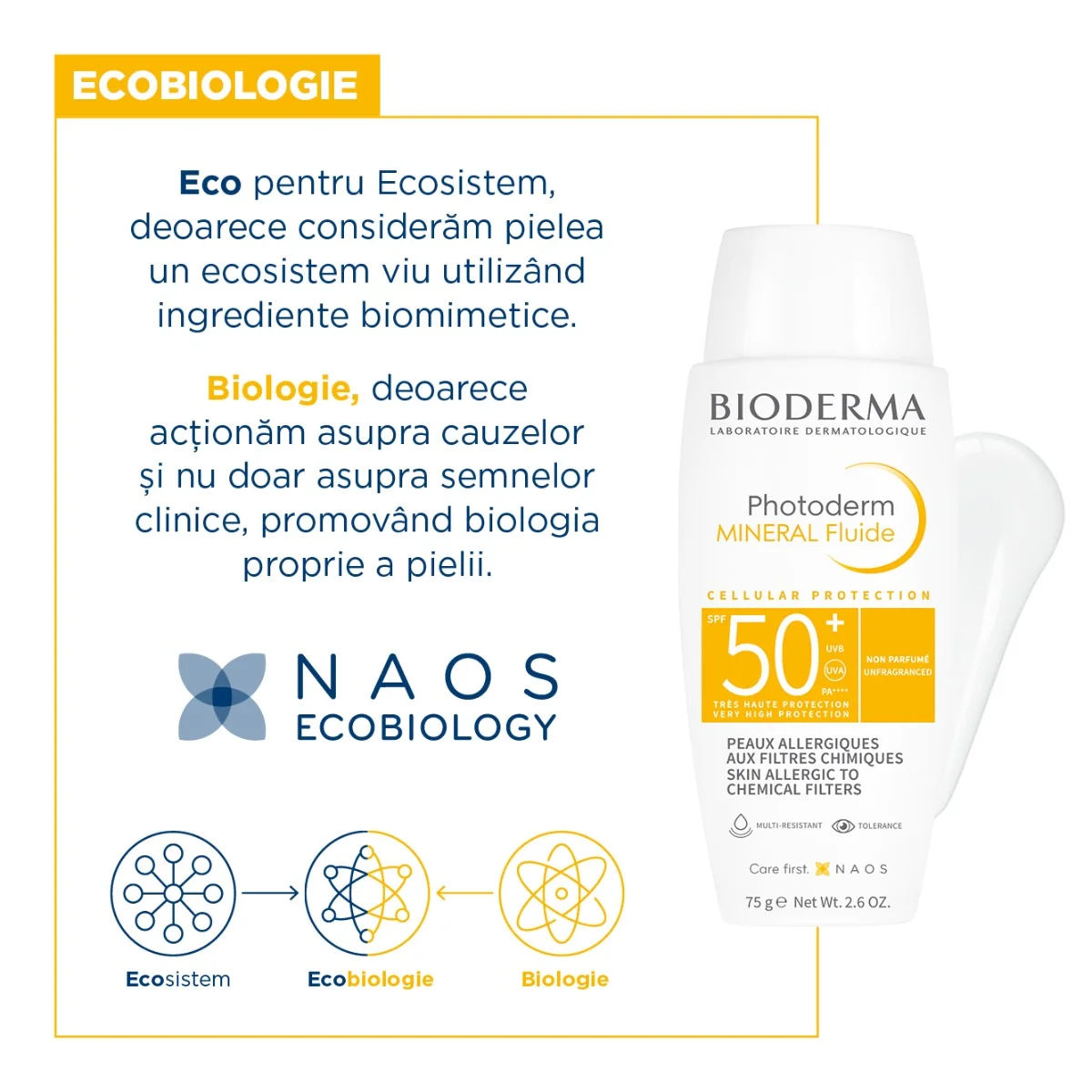 Protectie solara pentru pielea alergica la filtre chimice Photoderm Mineral Fluide, 75g, Bioderma