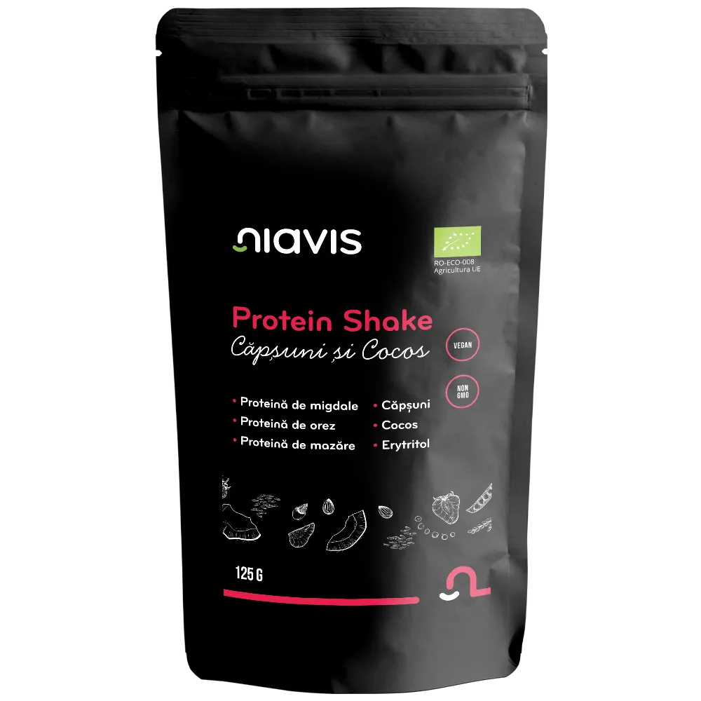Protein shake ecologic cu capsune si cocos, 125g, Niavis