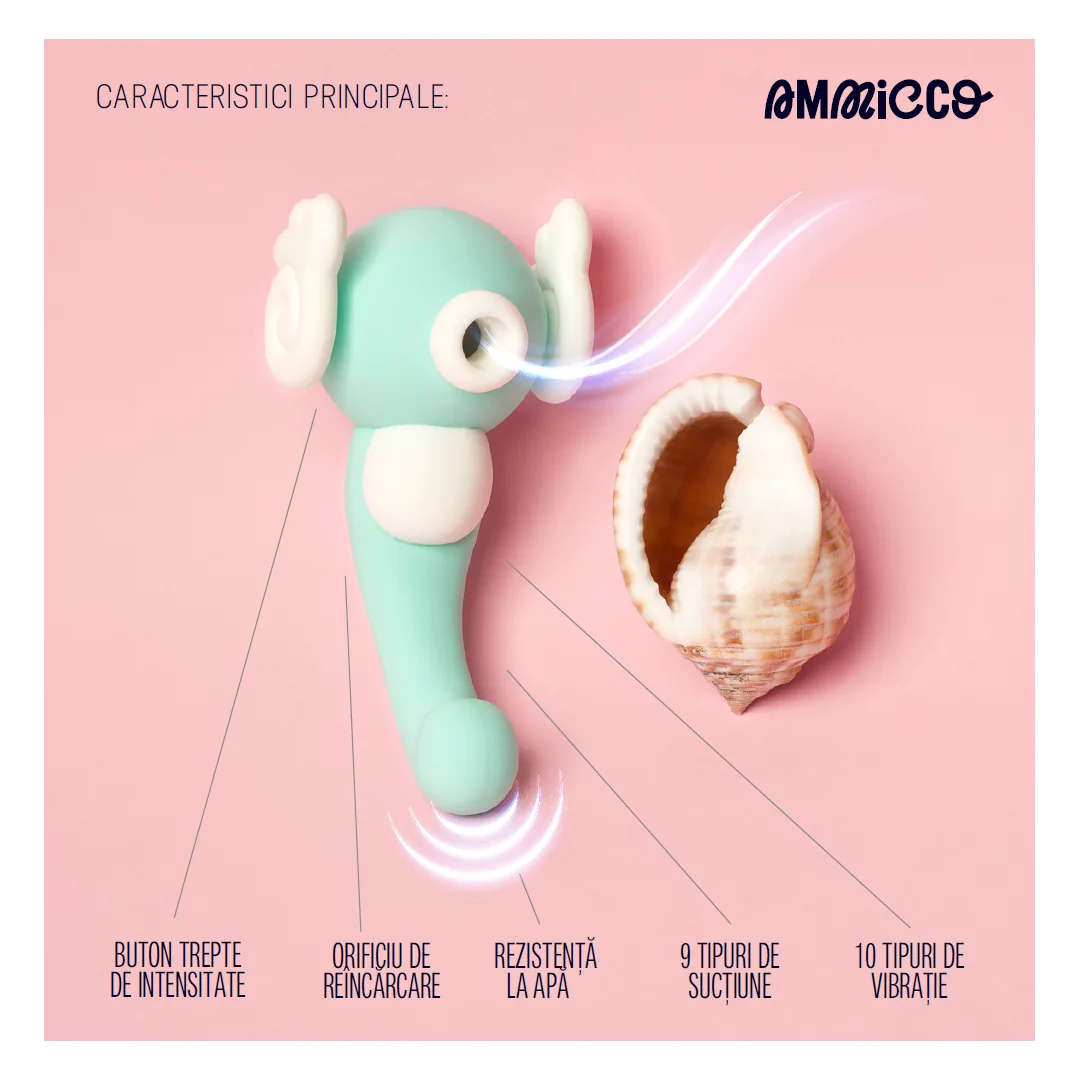 Vibrator clitoridian cu 9 niveluri de aspiratie si 10 tipuri de vibratie Seahorse, 1 bucata, Ammicco