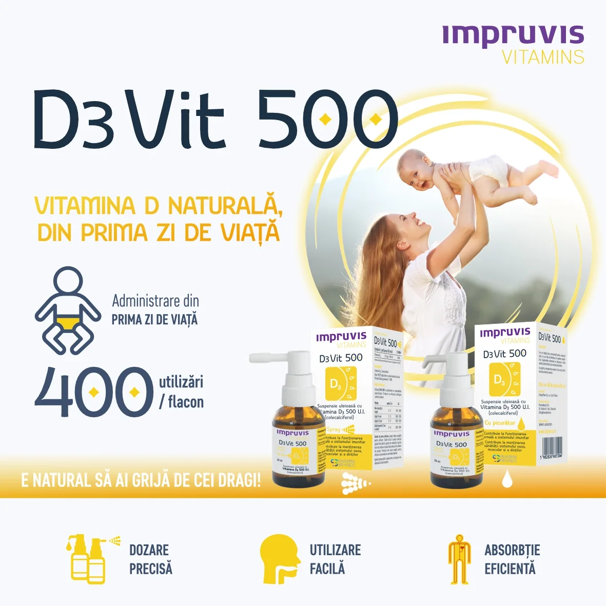 Suspensie uleioasa cu picurator Vitamina D3 D3Vit 500 U.I., 20ml, Pharma Brands