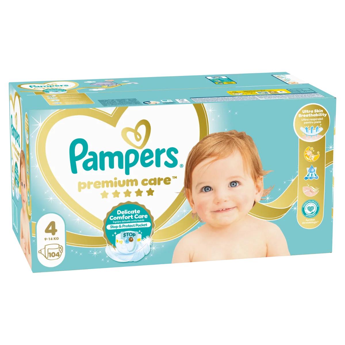 Scutece Premium Care Nr.4 pentru 9-14 kg, 104 bucati, Pampers